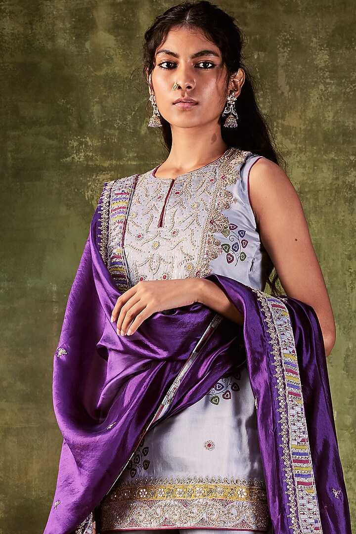 Grey Chanderi Silk Printed Gharara Set by Punit Balana at Pernia's Pop Up Shop