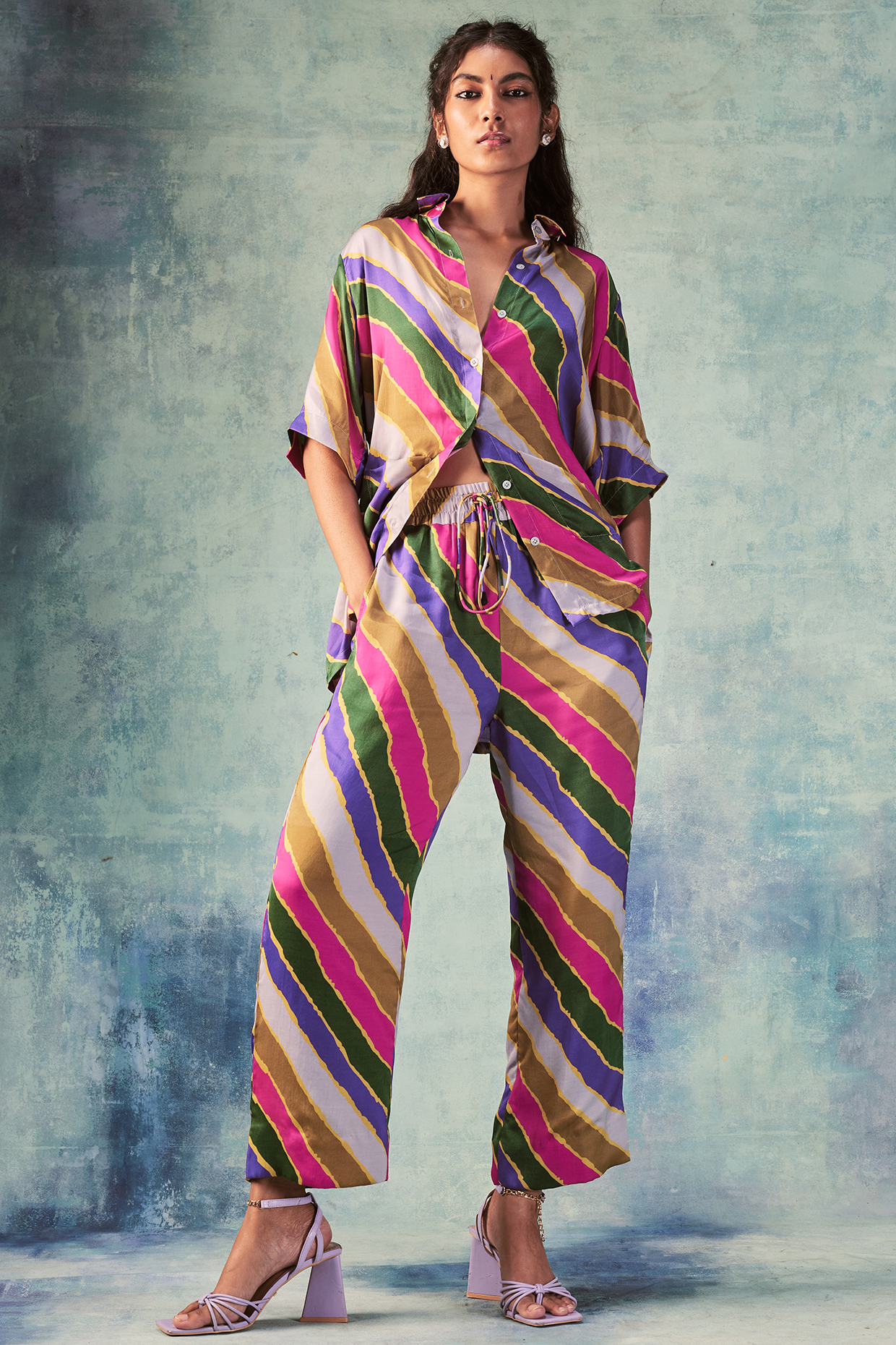Multi-Colored Satin Silk Striped Digital Printed Co-Ord Set by Punit Balana at Pernia's Pop Up Shop