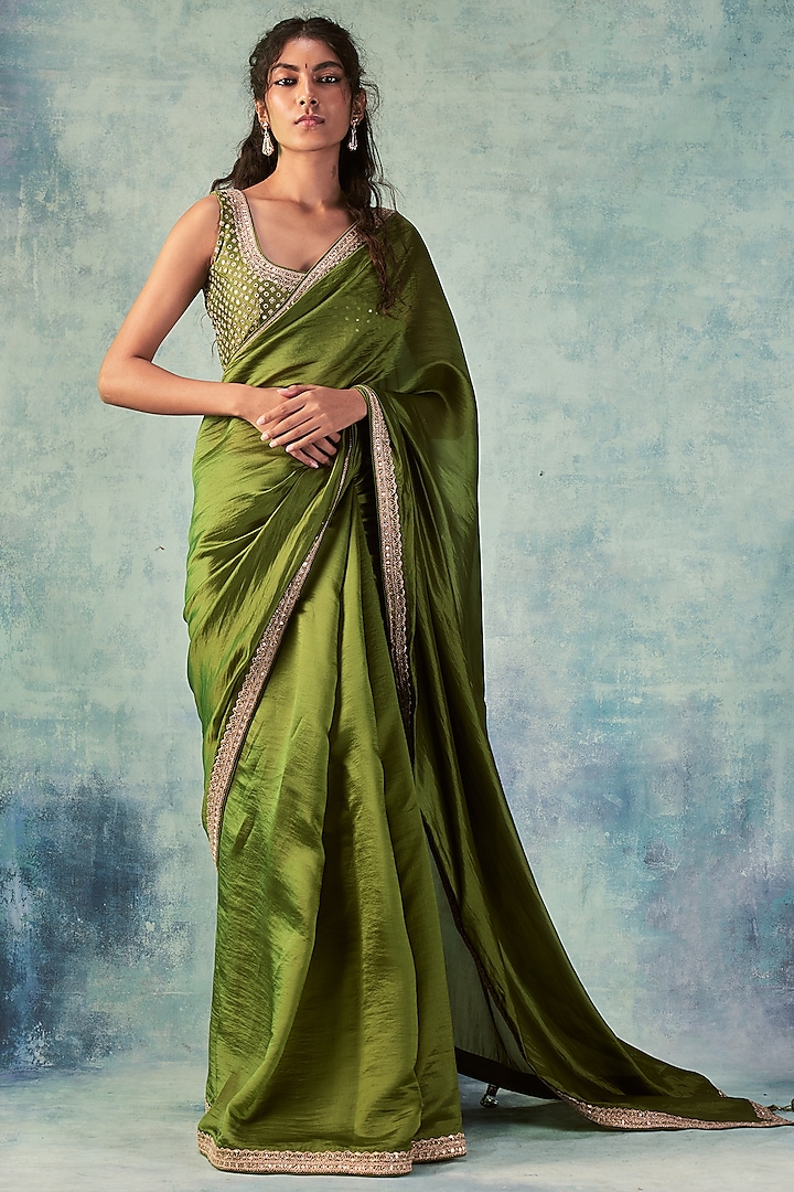 Olive Green Organza Silk Saree Set by Punit Balana
