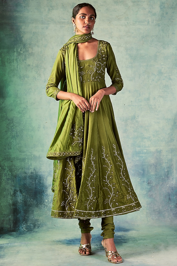 Olive Green Silk Wedding Anarkali Set by Punit Balana at Pernia's Pop Up Shop