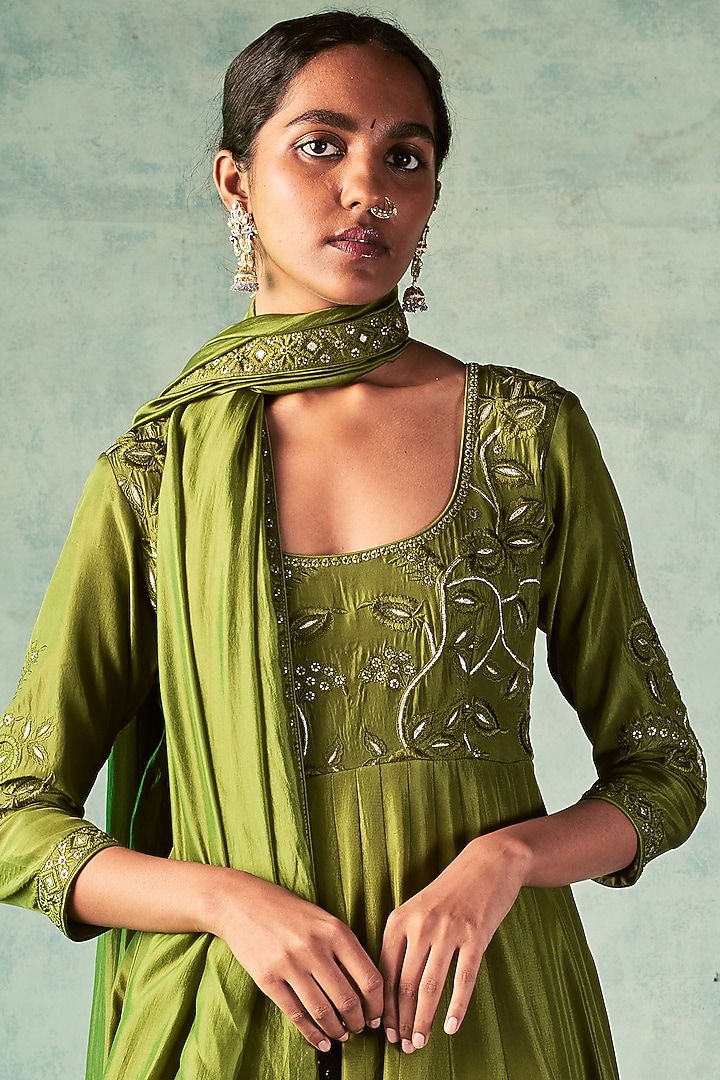 Olive Green Silk Wedding Anarkali Set by Punit Balana at Pernia's Pop Up Shop