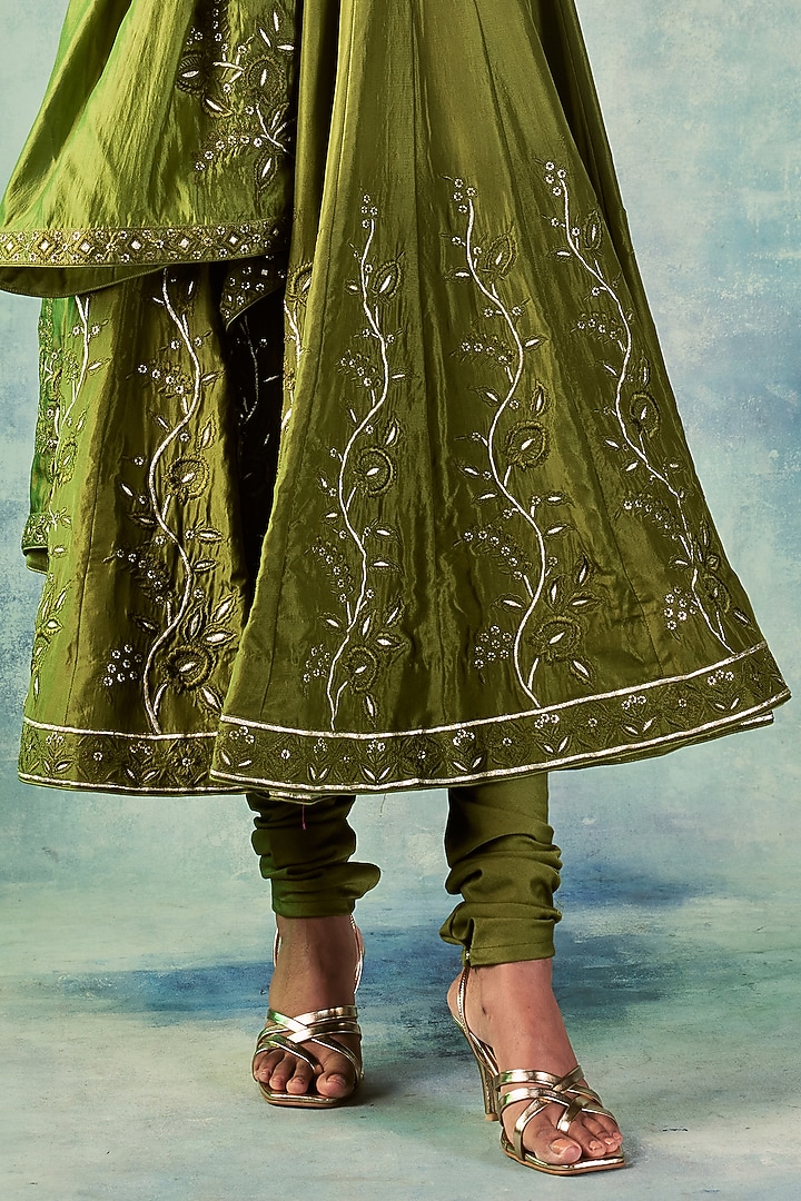 Olive Green Silk Wedding Anarkali Set by Punit Balana at Pernia's Pop Up Shop
