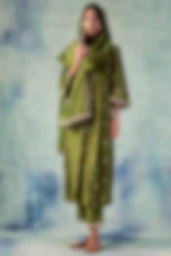 Olive Green Anarkali Set In Silk by Punit Balana