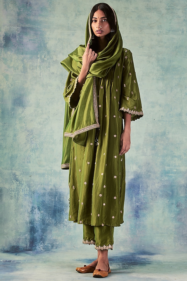 Olive Green Anarkali Set In Silk by Punit Balana