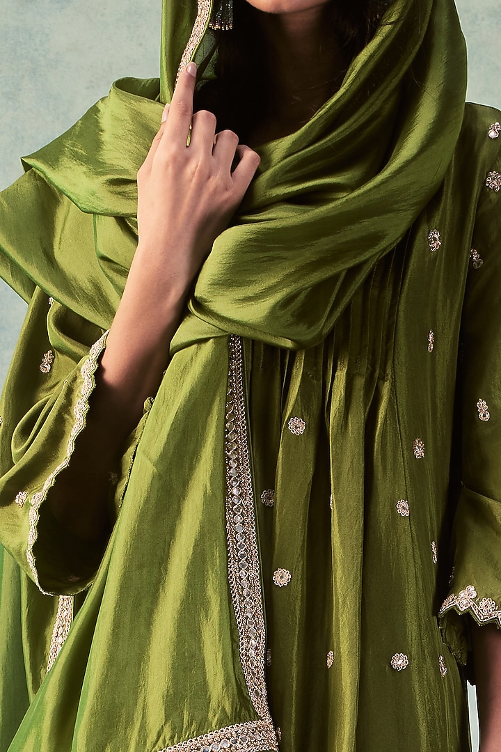 Olive Green Wedding Anarkali Set In Silk by Punit Balana at Pernia's Pop Up Shop