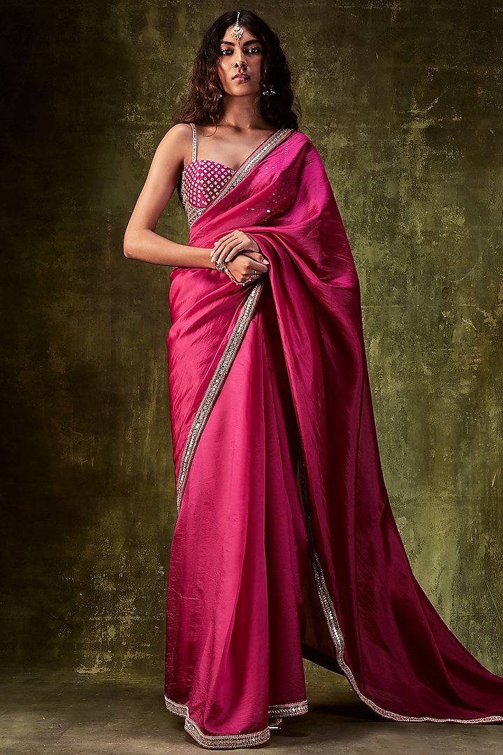 Rani Pink Silk Saree Set Design by Punit Balana at Pernia's Pop Up