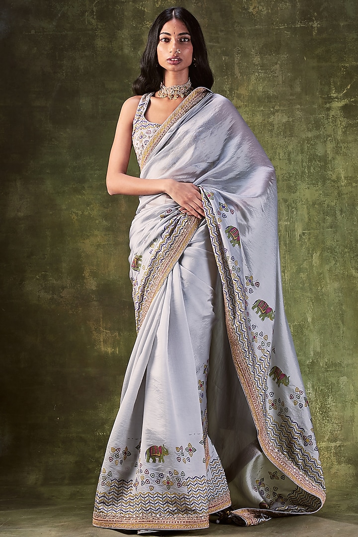 Grey Printed Saree Set by Punit Balana