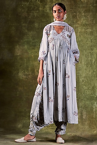 Grey Printed Anarkali Set by Punit Balana