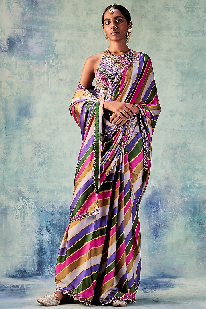 Multi-Colored Printed Saree Set by Punit Balana