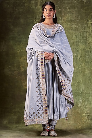 Grey Hand Block Printed Anarkali Set by Punit Balana