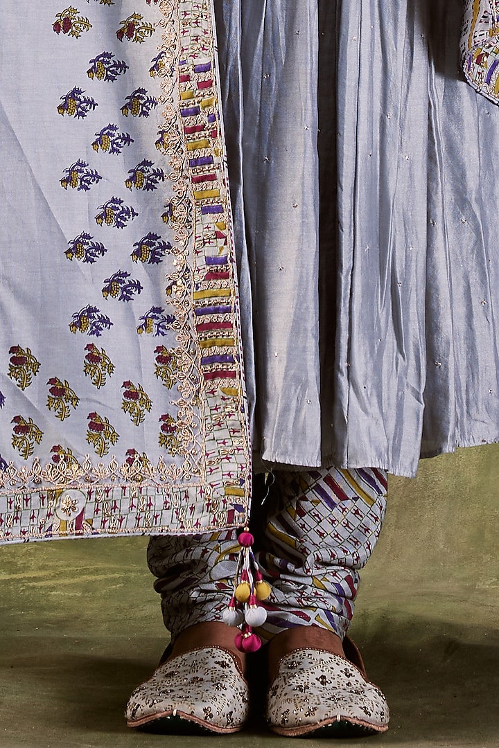 Grey Hand Block Printed Wedding Anarkali Set by Punit Balana at Pernia's Pop Up Shop