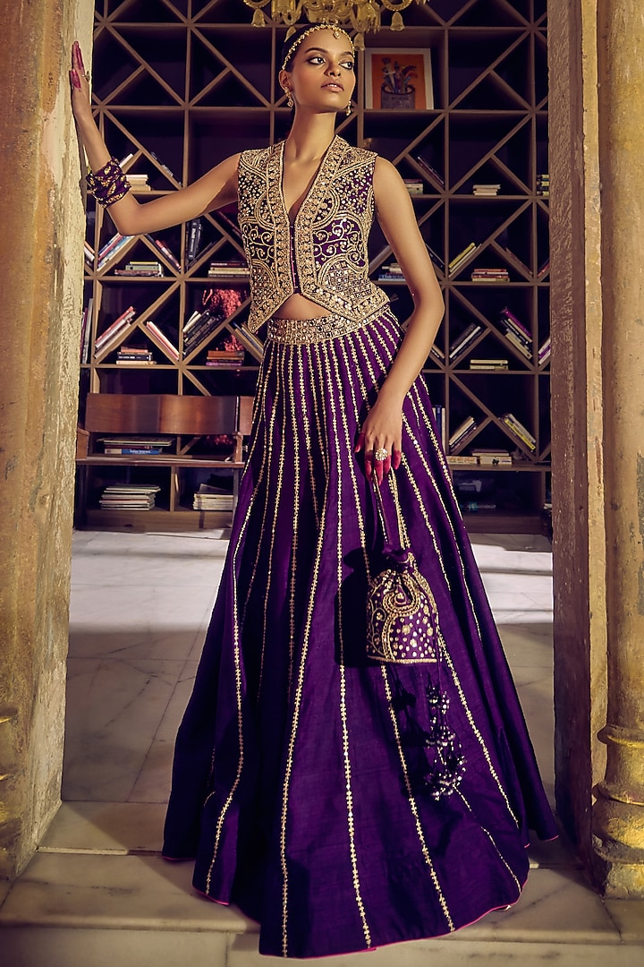 Baigani Raw Silk Mirror Embroidered Skirt Set by Punit Balana at Pernia's Pop Up Shop