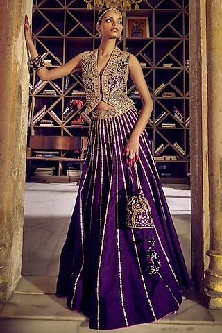 Baigani Raw Silk Mirror Embroidered Skirt Set by Punit Balana