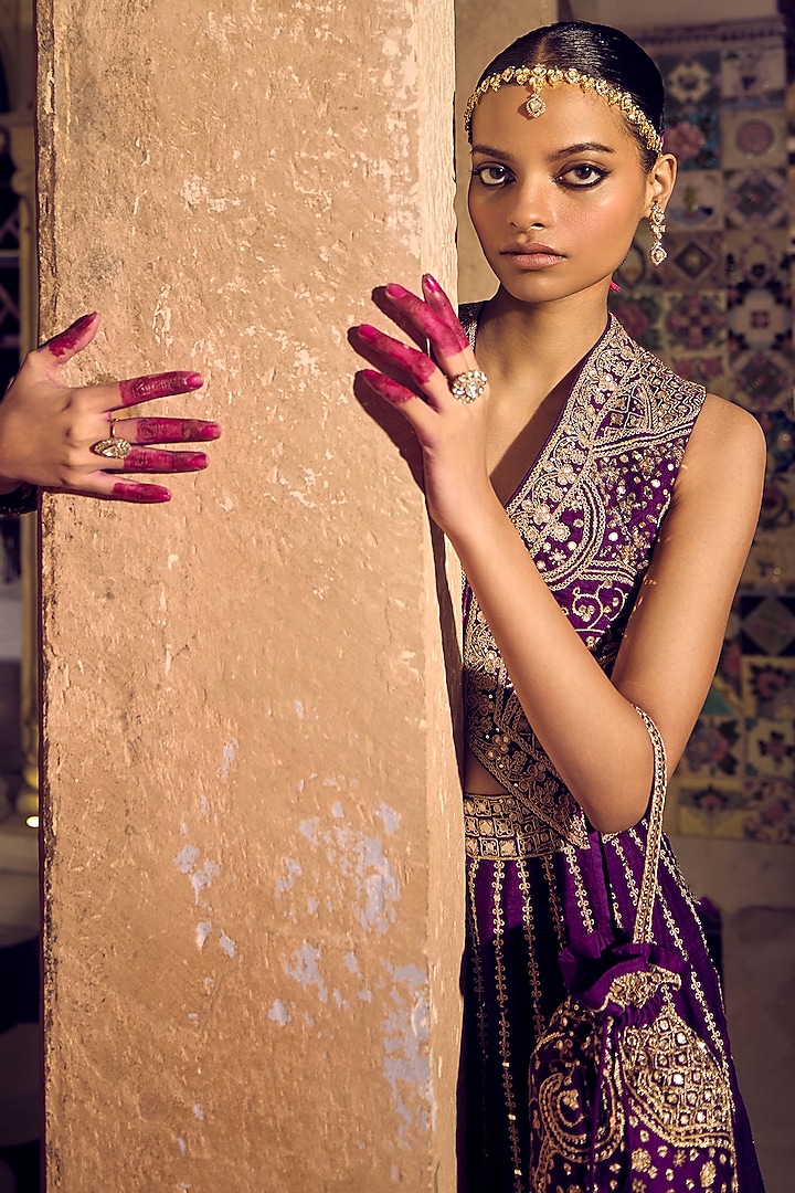 Baigani Raw Silk Mirror Embroidered Skirt Set by Punit Balana at Pernia's Pop Up Shop