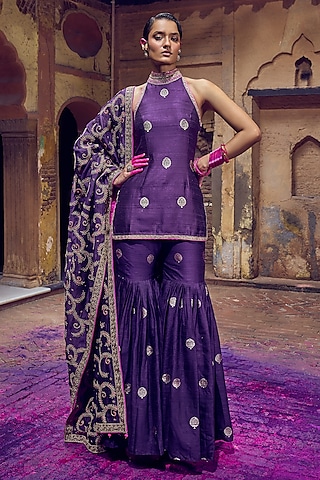 Baigani Banarasi Silk Organza Zardosi Embroidered Gharara Set by Punit Balana