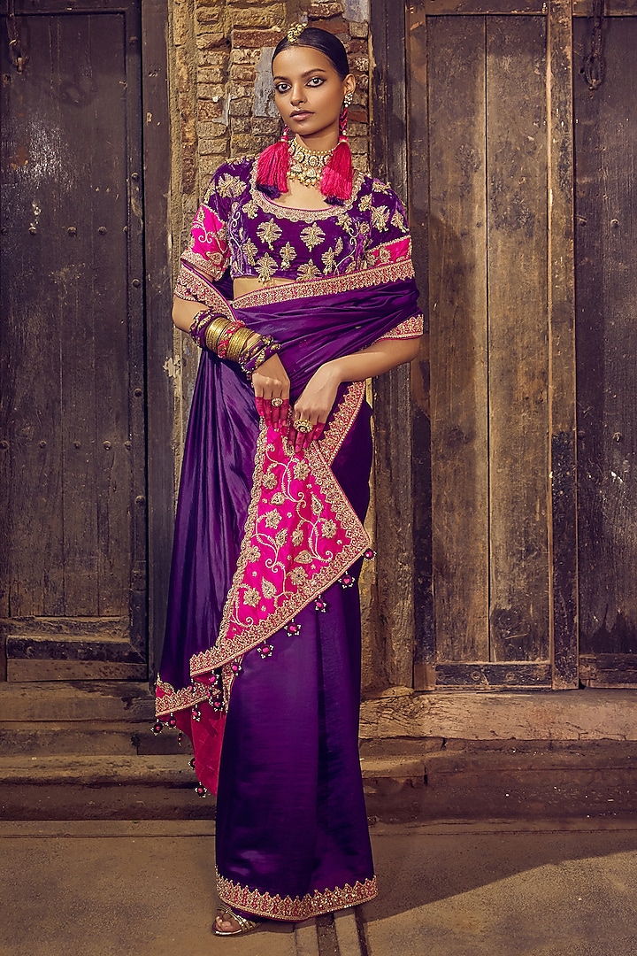 Baigani & Gulabi Gulaal Organza Silk Dabka Embroidered Reception Saree Set by Punit Balana at Pernia's Pop Up Shop