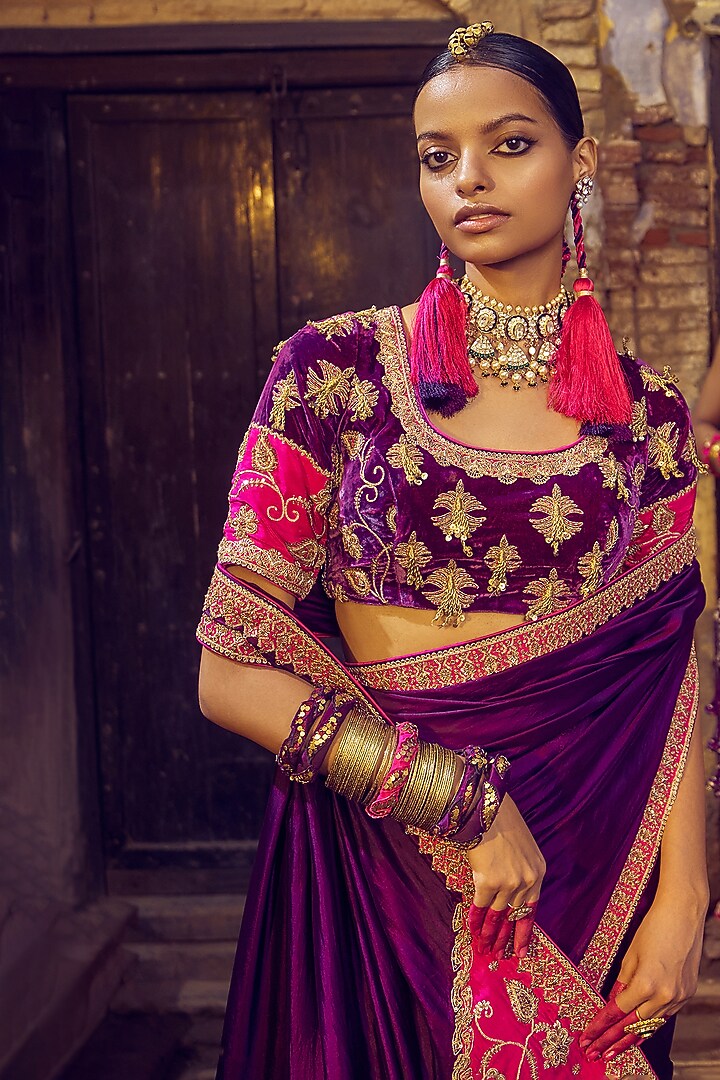 Baigani & Gulabi Gulaal Organza Silk Dabka Embroidered Reception Saree Set by Punit Balana at Pernia's Pop Up Shop