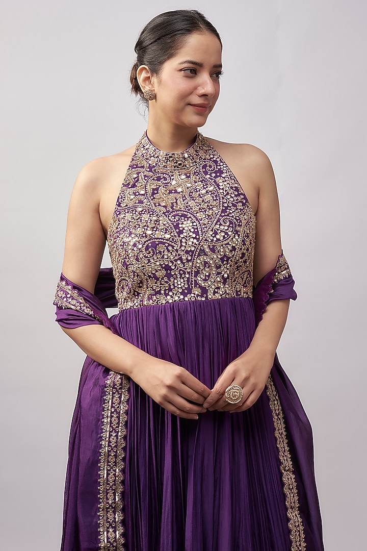 Purple Silk Mirror Work Bridal Anarkali Set by Punit Balana at Pernia's Pop Up Shop