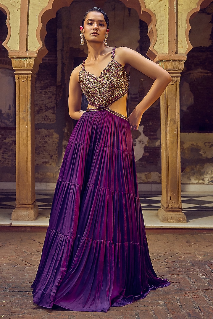 Baigani Satin Silk Resham & Coin Work Maxi Dress by Punit Balana