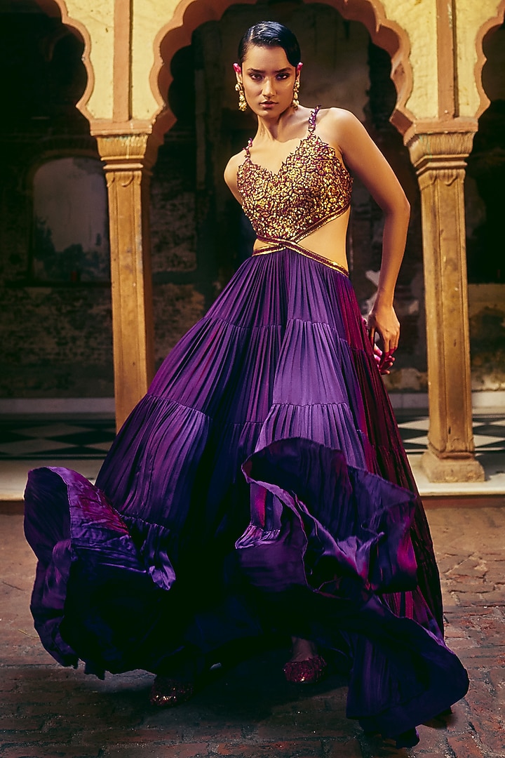 Baigani Satin Silk Resham & Coin Work Maxi Cocktail Dress by Punit Balana at Pernia's Pop Up Shop