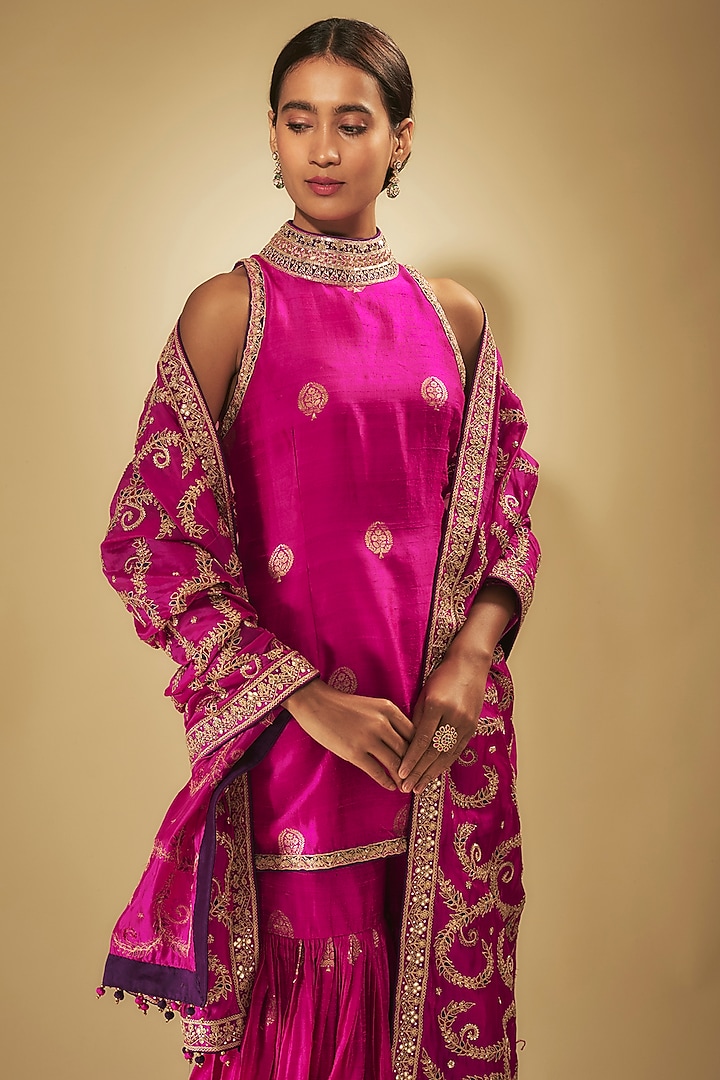 Rani Pink Banarasi Silk & Silk Organza Bridal Sharara Set by Punit Balana at Pernia's Pop Up Shop