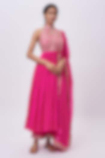 Rani Pink Silk & Silk Organza Mirror Work Anarkali Set by Punit Balana at Pernia's Pop Up Shop