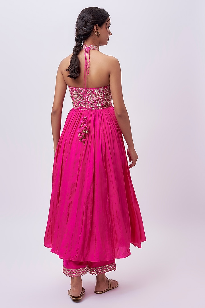 Rani Pink Silk & Silk Organza Mirror Work Bridal Anarkali Set by Punit Balana at Pernia's Pop Up Shop