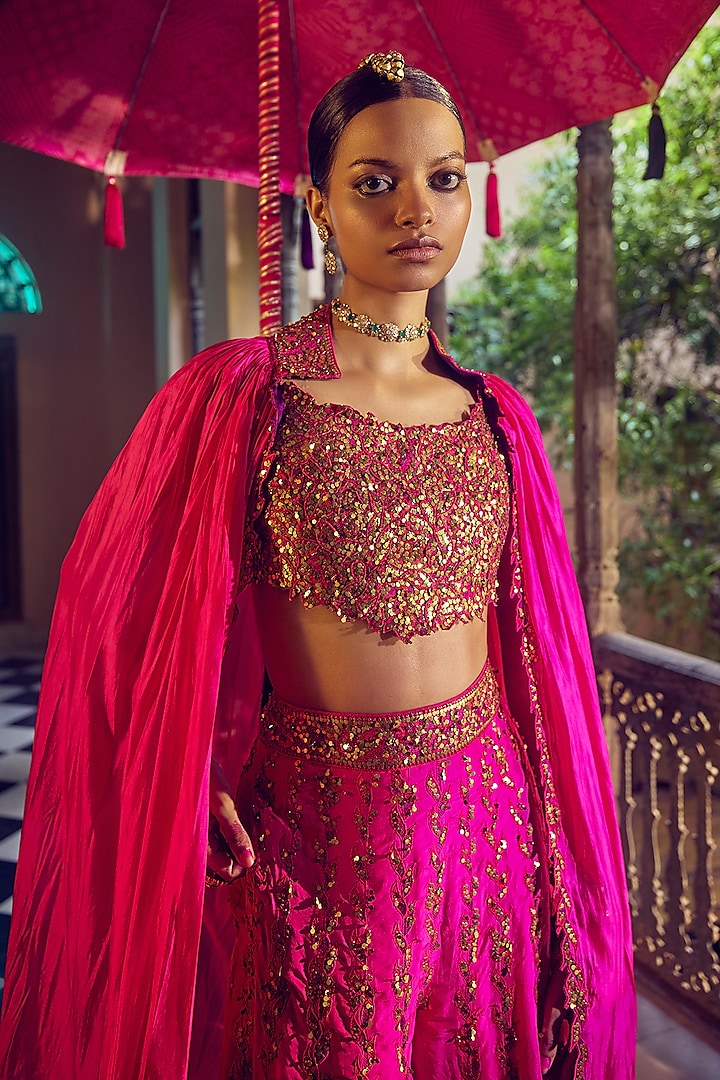 Gulabi Gulaal Silk Mirror Embroidered Wedding Sharara Set by Punit Balana at Pernia's Pop Up Shop