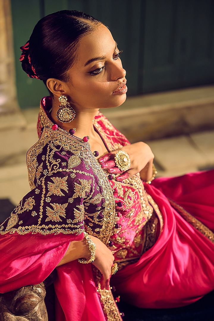 Gulabi Gulaal Organza Silk Dabka Embroidered Reception Saree Set by Punit Balana at Pernia's Pop Up Shop