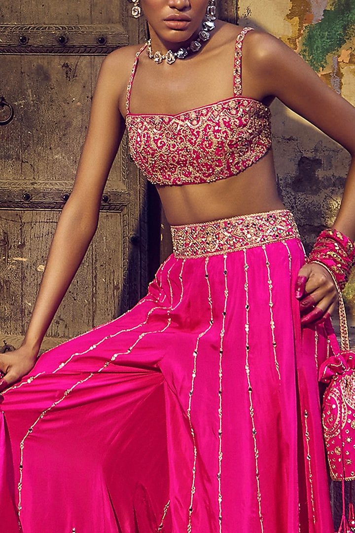 Gulabi Gulaal Silk Mirror Embroidered Bridal Sharara Set by Punit Balana at Pernia's Pop Up Shop