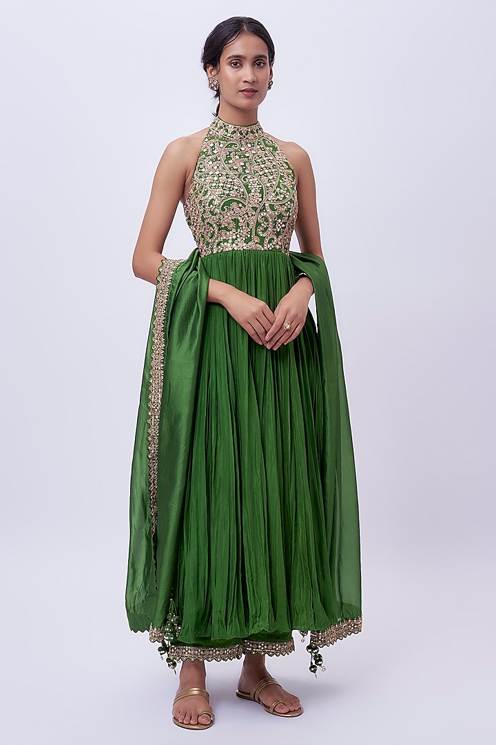 Green Silk & Silk Organza Mirror Work Anarkali Set by Punit Balana at Pernia's Pop Up Shop