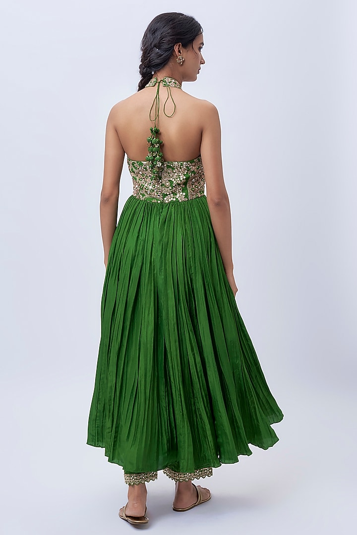 Green Silk & Silk Organza Mirror Work Bridal Anarkali Set by Punit Balana at Pernia's Pop Up Shop