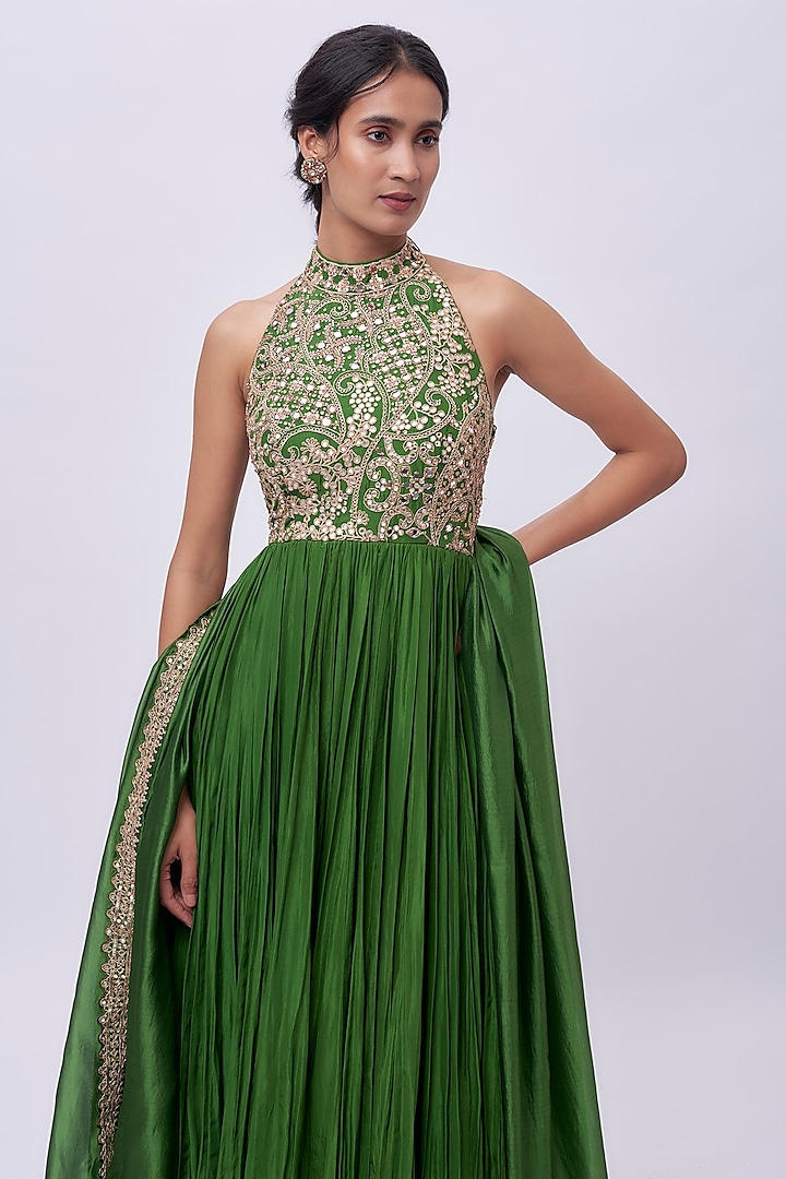 Green Silk & Silk Organza Mirror Work Bridal Anarkali Set by Punit Balana at Pernia's Pop Up Shop