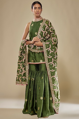 Green Banarasi Silk & Silk Organza Zardosi & Marodi Work Gharara Set by Punit Balana