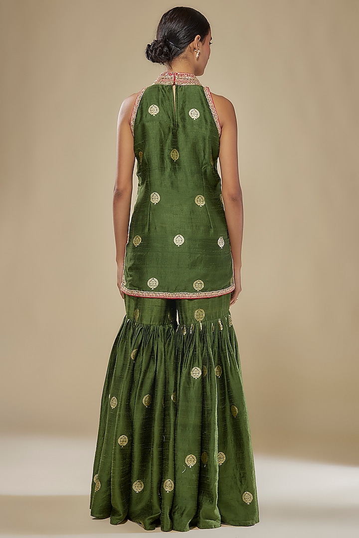 Green Banarasi Silk & Silk Organza Zardosi & Marodi Work Gharara Set by Punit Balana at Pernia's Pop Up Shop