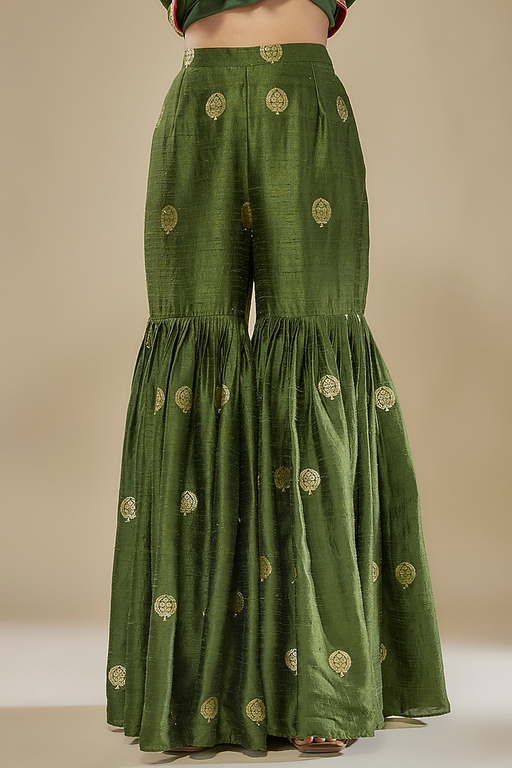 Green Banarasi Silk & Silk Organza Zardosi & Marodi Work Gharara Set by Punit Balana at Pernia's Pop Up Shop