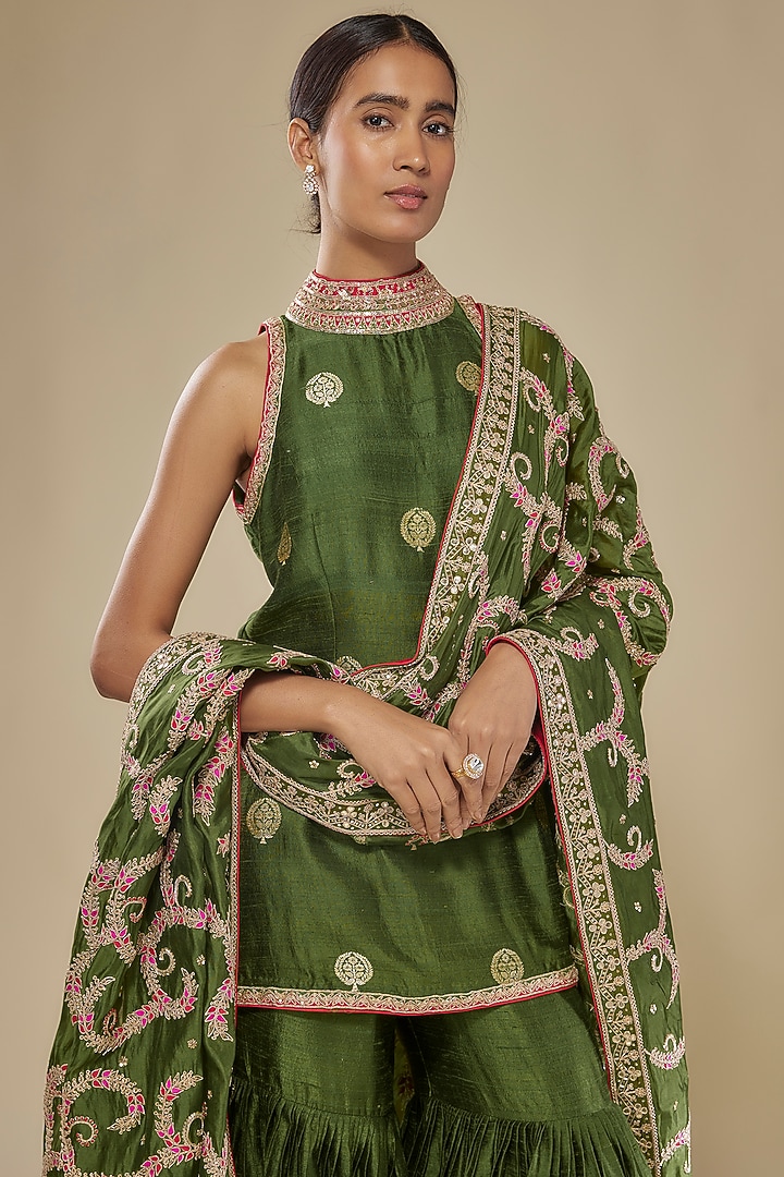 Green Banarasi Silk & Silk Organza Zardosi & Marodi Work Gharara Set by Punit Balana at Pernia's Pop Up Shop