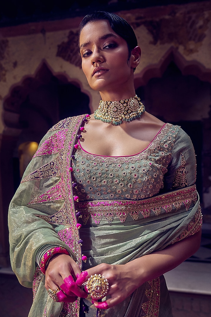 Sage Green Banarasi Silk Zardosi Embroidered Reception Saree Set by Punit Balana at Pernia's Pop Up Shop