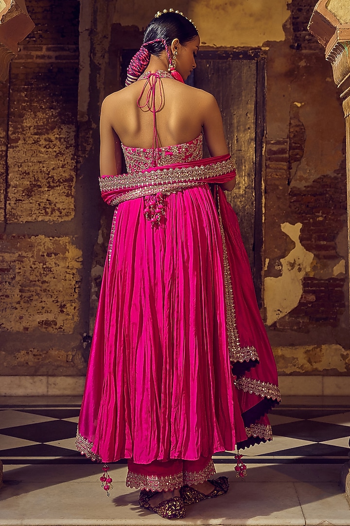 Gulabi Gulaal Silk Organza Mirror Embroidered Bridal Anarkali Set by Punit Balana at Pernia's Pop Up Shop