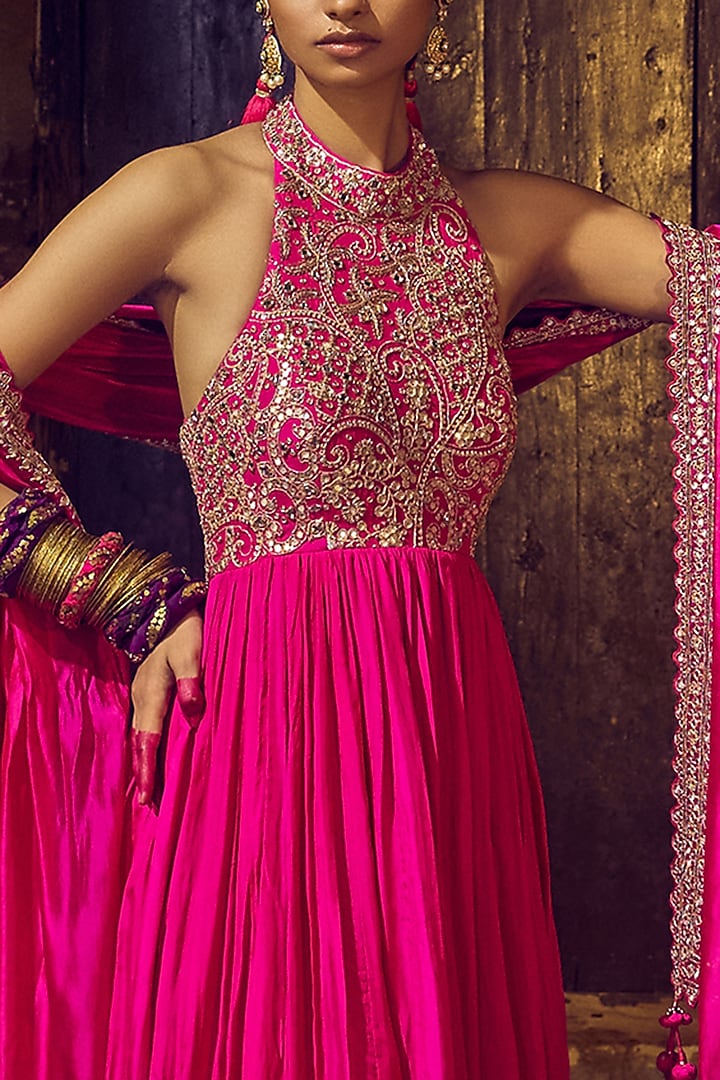 Gulabi Gulaal Silk Organza Mirror Embroidered Bridal Anarkali Set by Punit Balana at Pernia's Pop Up Shop