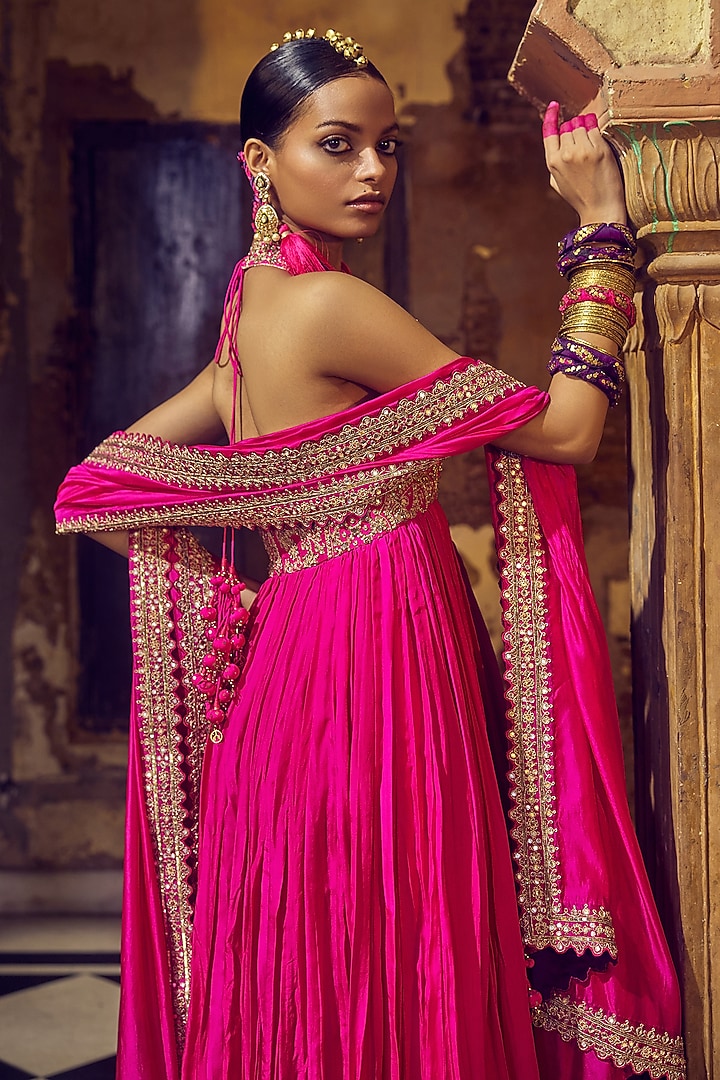 Gulabi Gulaal Silk Organza Mirror Embroidered Bridal Anarkali Set by Punit Balana at Pernia's Pop Up Shop