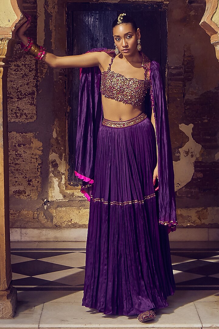 Baigani Satin Silk Embroidered Skirt Set by Punit Balana at Pernia's Pop Up Shop
