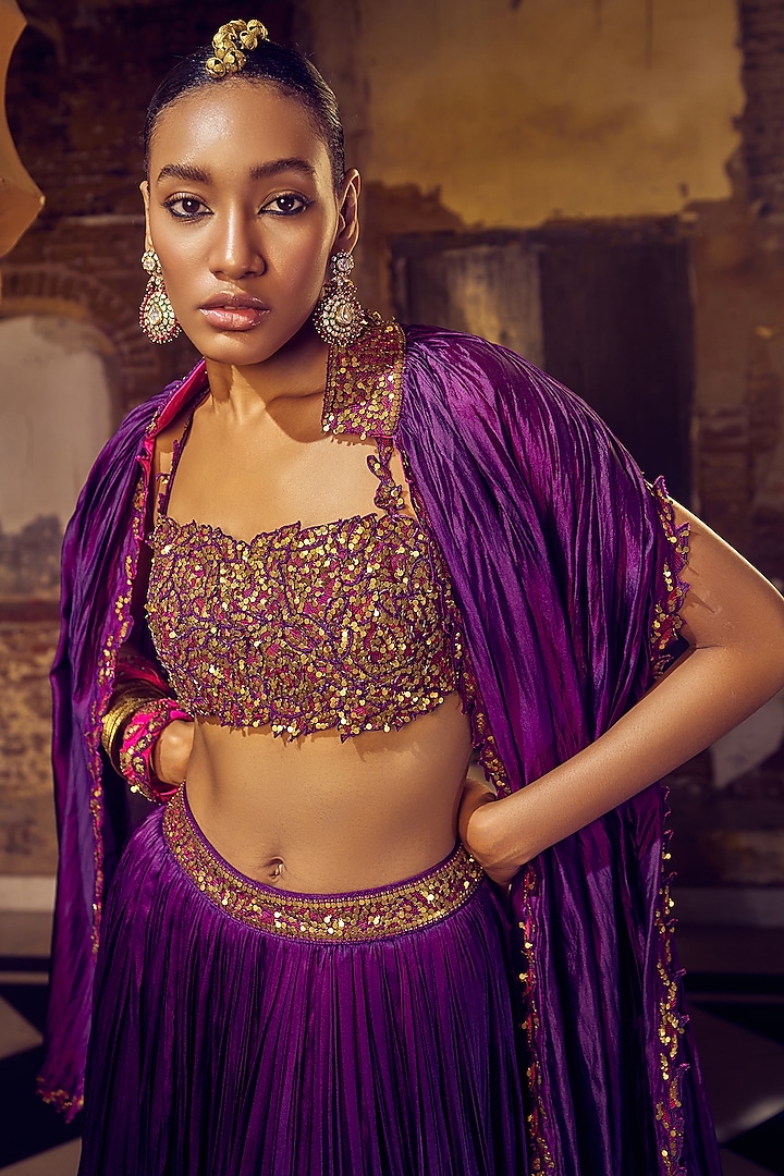 Baigani Satin Silk Embroidered Skirt Set by Punit Balana at Pernia's Pop Up Shop