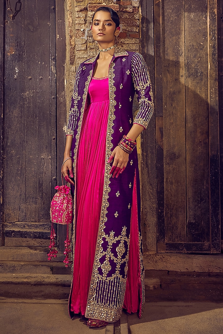 Baigani & Gulabi Gulaal Raw Silk Mirror Embroidered Jacket Dress by Punit Balana at Pernia's Pop Up Shop