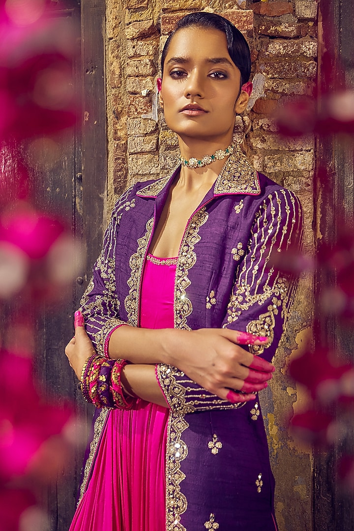 Baigani & Gulabi Gulaal Raw Silk Mirror Embroidered Jacket Dress by Punit Balana at Pernia's Pop Up Shop