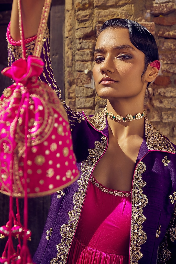 Baigani & Gulabi Gulaal Raw Silk Mirror Embroidered Jacket Dress by Punit Balana at Pernia's Pop Up Shop