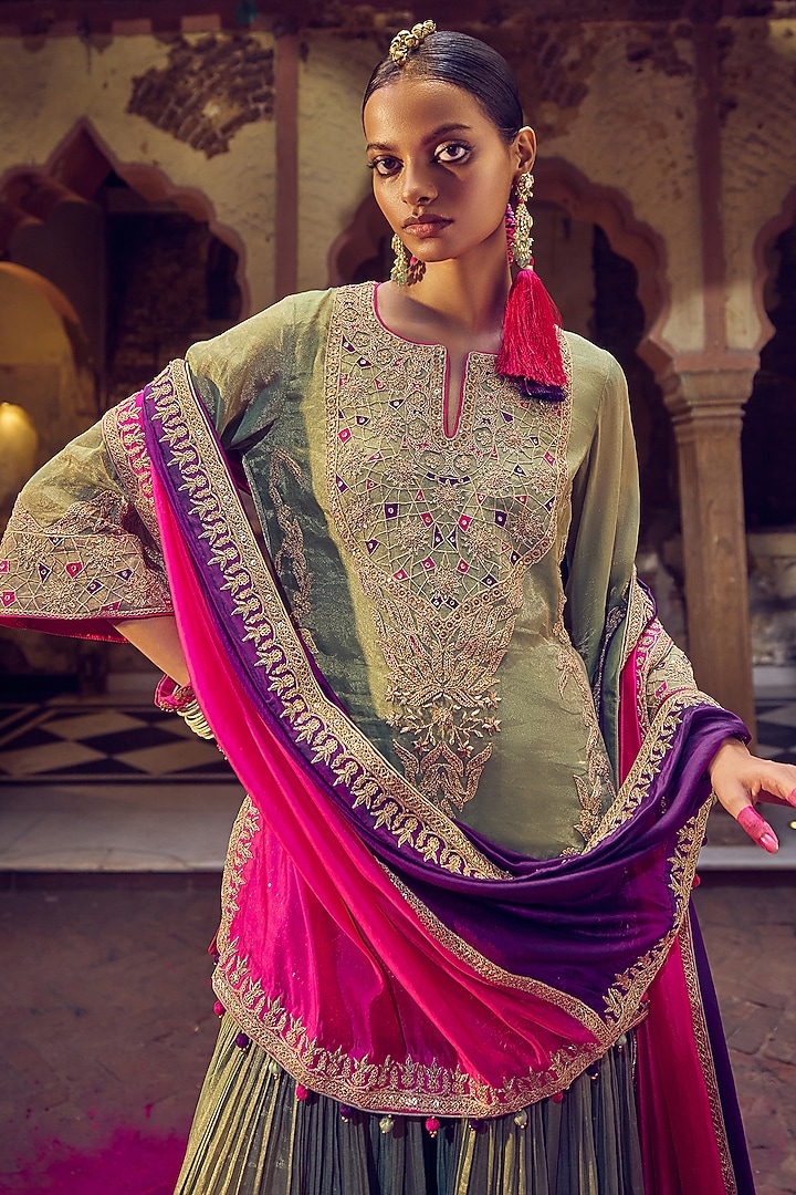 Sage Green Banarasi Tissue Silk Gharara Set by Punit Balana at Pernia's Pop Up Shop