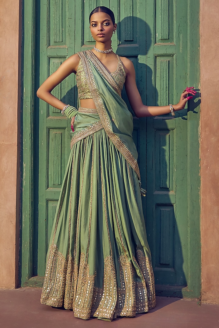Sage Green Silk Gota & Marodi Embroidered Bridal Lehenga Set by Punit Balana at Pernia's Pop Up Shop