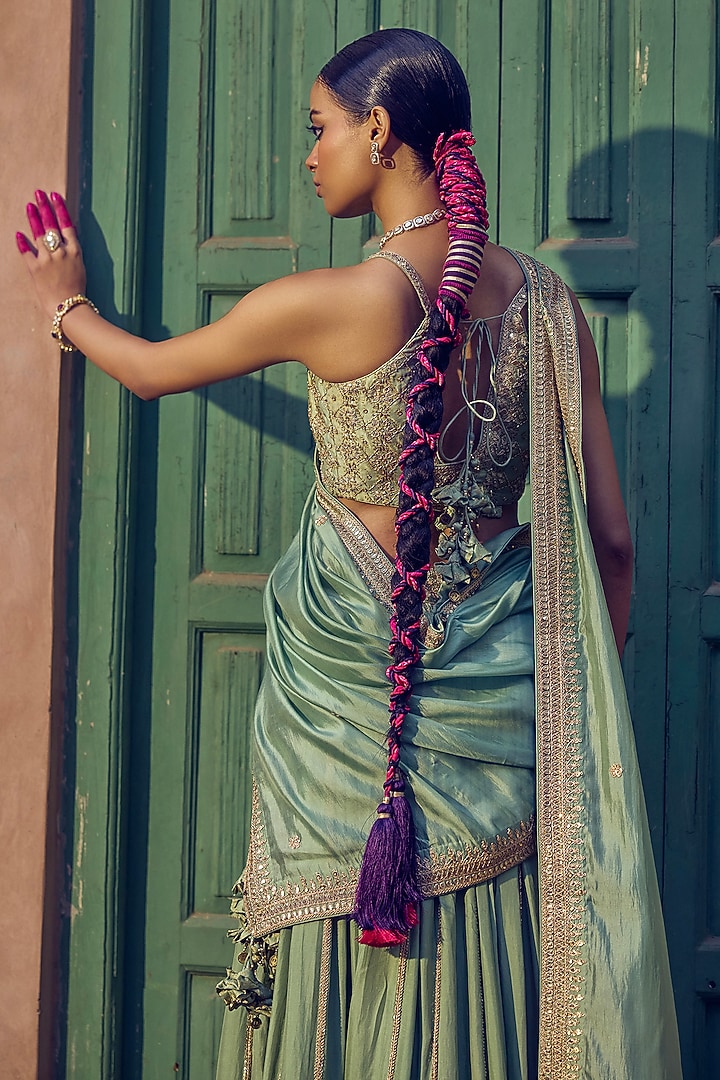 Sage Green Silk Gota & Marodi Embroidered Bridal Lehenga Set by Punit Balana at Pernia's Pop Up Shop