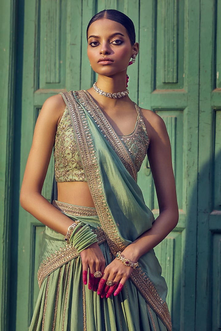 Sage Green Silk Gota & Marodi Embroidered Bridal Lehenga Set by Punit Balana at Pernia's Pop Up Shop